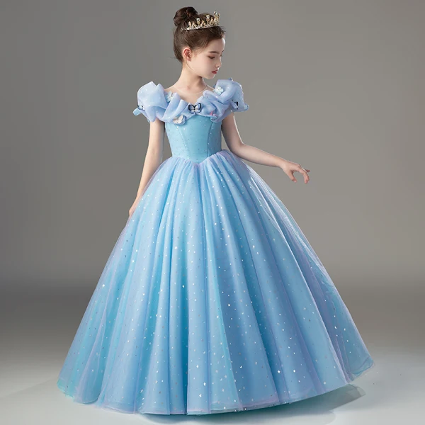 Cinderella Charming Pool Blue Star Sequins Flower Girl Dresses 2022 Ball Gown Scoop Neck Lace Butterfly Short Sleeve Floor-Length / Long Flower Girl Dresses