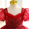 Chic / Beautiful Red Beading Star Sequins Lace Flower Birthday Flower Girl Dresses 2023 Ball Gown Square Neckline Short Sleeve Backless Floor-Length / Long Flower Girl Dresses