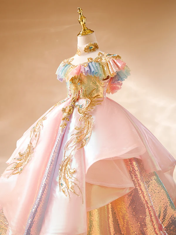Schön Pink Perlenstickerei Pailletten Fallende Rüsche Geburtstag Blumenmädchenkleider 2024 Ballkleid Stehkragen Kurze Ärmel Rückenfreies Lange