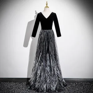 Chic Belle Noire Paillettes Robe De Bal 2025 Princesse V Cou Manches Longues Dos Nu Longue Promo Robe De Ceremonie