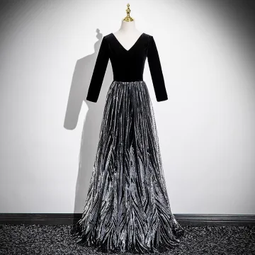 Chic Belle Noire Paillettes Robe De Bal 2025 Princesse V Cou Manches Longues Dos Nu Longue Promo Robe De Ceremonie