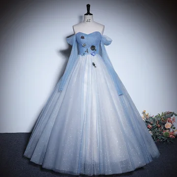 Encantador Azul Cielo Rebordear Lentejuelas Vestidos De Gala 2023 A Line Princess Fuera Del Hombro Manga Corta Sin Espalda Largos Gala Vestidos Formales