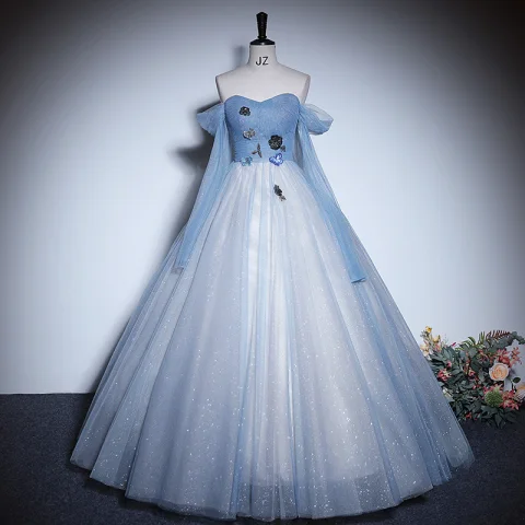 Charmant Himmelblau Perlenstickerei Pailletten Ballkleider 2023 A Linie Off Shoulder Kurze Ärmel Rückenfreies Lange Ball Festliche Kleider