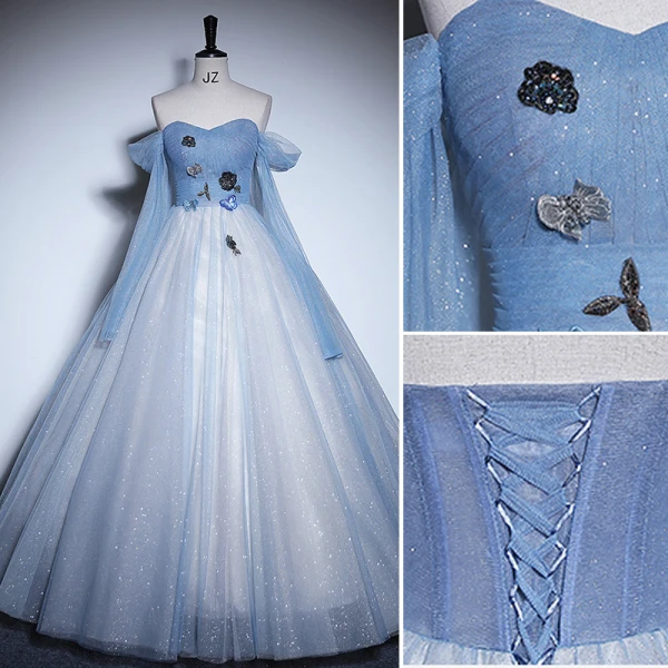 Charmant Himmelblau Perlenstickerei Pailletten Ballkleider 2023 A Linie Off Shoulder Kurze Ärmel Rückenfreies Lange Ball Festliche Kleider
