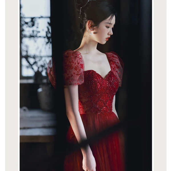 Charming Burgundy Beading Sequins Evening Dresses 2023 A-Line / Princess Square Neckline Short Sleeve Backless Floor-Length / Long Evening Party Formal Dresses