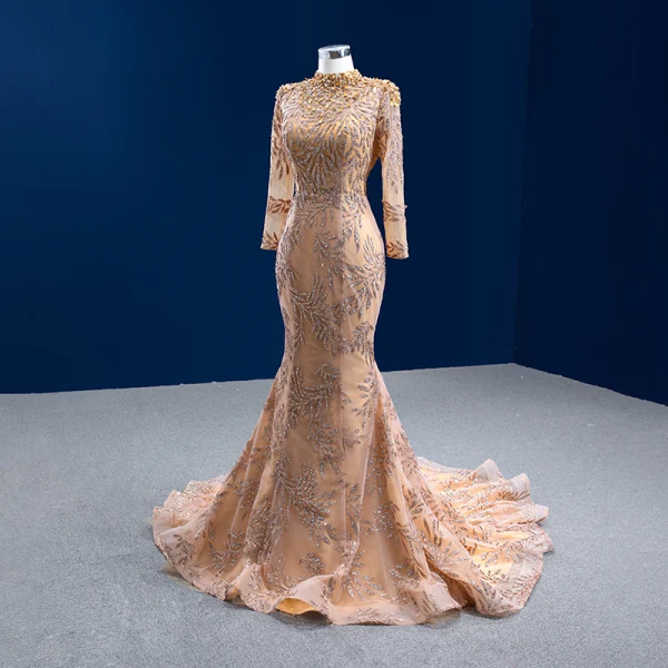 Sparkly Champagne Beading Pearl Sequins Evening Dresses 2022 Trumpet / Mermaid High Neck Long Sleeve Court Train Evening Party Formal Dresses