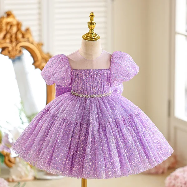 Bling Bling Sky Blue Sequins Birthday Short Flower Girl Dresses 2025 Ball Gown Scoop Neck Puffy Short Sleeve Tulle