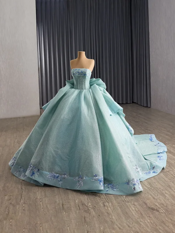 Luxury / Gorgeous Mint Green Handmade  Glitter Sequins Beading Prom Dresses 2025 Ball Gown Strapless Sleeveless Backless Bow Royal Train Formal Dresses