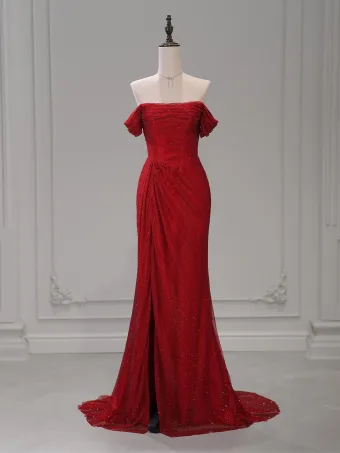 High End Burgundy Glitter Split Front Evening Dresses 2026 Trumpet Mermaid Off The Shoulder Short Sleeve Backless Sweep Train