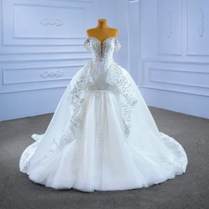 Luxury Gorgeous White Handmade Beading Rhinestone Pearl Sequins Wedding Dresses 2022 Trumpet Mermaid Off The Shoulder Short Sleeve Backless Cathedral Train Wedding