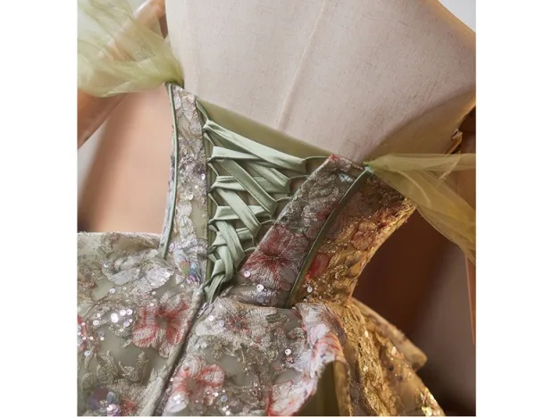 Chic / Beautiful Sage Green Sequins Lace Flower Homecoming Graduation Dresses 2025 A-Line / Princess Off-The-Shoulder Short Sleeve Backless Tea-length Formal Dresses