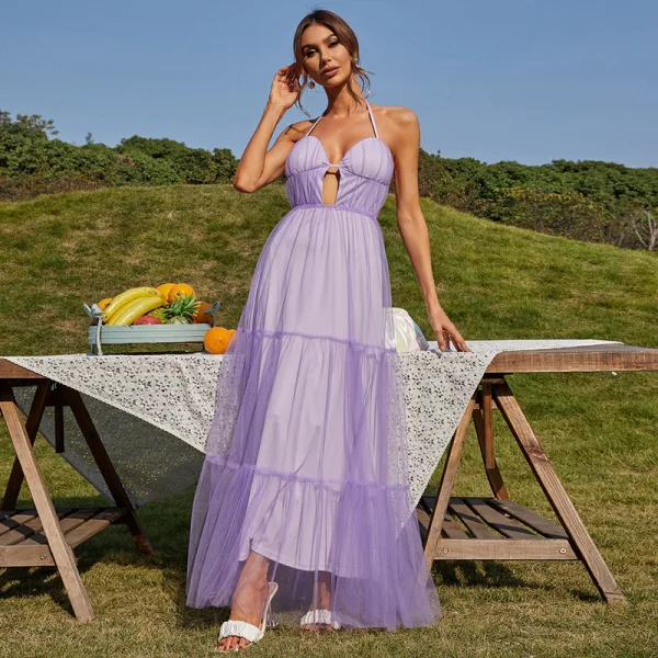 Sexy Lavender Evening Dresses 2022 A-Line / Princess Halter Sleeveless Backless Lace Up Bow Floor-Length / Long Evening Party Formal Dresses
