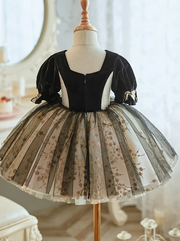 Chic / Beautiful Black Lace Flower Printing Short Birthday Flower Girl Dresses 2023 Ball Gown Scoop Neck Short Sleeve Backless Tulle