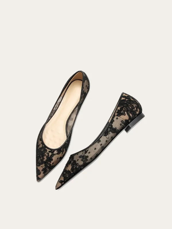 Vintage / Retro Chinese style Lace Embroidered Flat Black Prom Womens Shoes 2024 Tulle Pointed Toe Heels