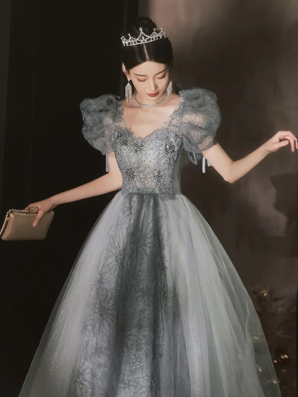 Chic / Beautiful Grey Sequins Prom Dresses 2026 A-Line / Princess V-Neck Puffy Short Sleeve Backless Floor-Length / Long Formal Dresses