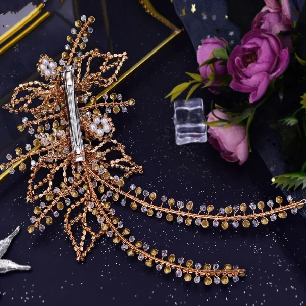 Bling Bling Guld Handgjort Pärla Rhinestone Brud Huvudbonad 2023 Bröllop