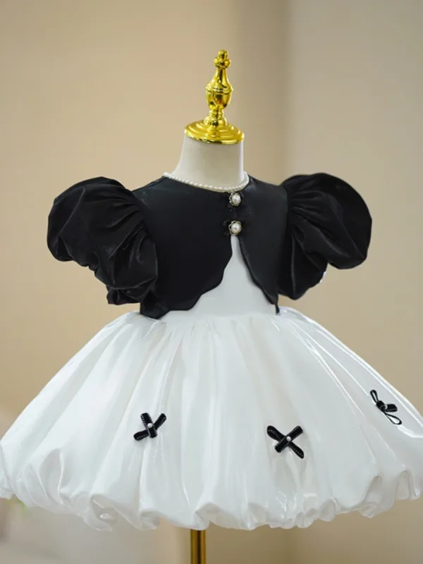 Fashion Black Pearl Bow Short Birthday Flower Girl Dresses Ball Gown 2023 High Neck Puffy Short Sleeve