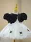 Fashion Black Pearl Bow Short Birthday Flower Girl Dresses Ball Gown 2023 High Neck Puffy Short Sleeve