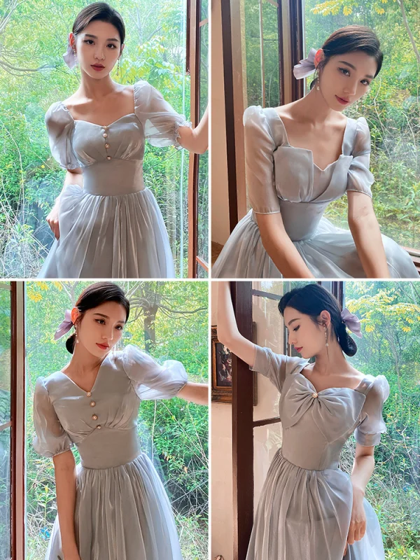 Modest / Simple Grey Bridesmaid Dresses 2022 A-Line / Princess Short Sleeve Backless Floor-Length / Long Bridesmaid Wedding Party Dresses