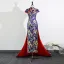 Chinesischer Stil Königliches Blau Satin Abend Sweep / Pinsel Zug Cheongsam 2025 Meerjungfrau Stehkragen Kurze Ärmel