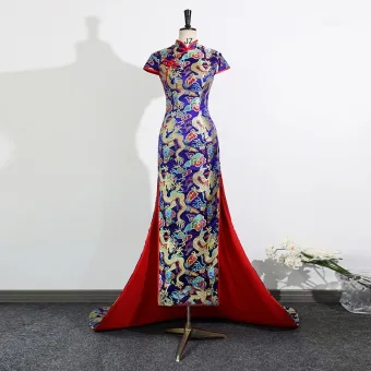 Kinesisk Stil Kungsblå Satin Afton Svep Tåg Cheongsam 2025 Trumpet Sjöjungfru Hög Hals Korta Ärm