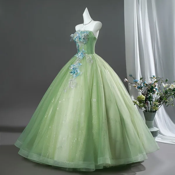 Zauberhaft Salbeigrün Perlenstickerei Spitze Blumen Ballkleider 2026 Ballkleid Bandeau Ärmellos Rückenfreies