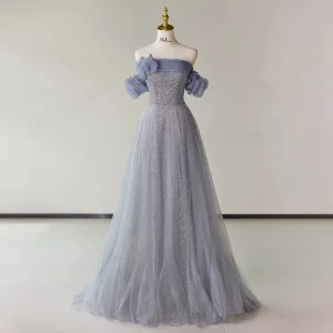 Chic Belle Lavande Perlage Robe De Soirée 2023 Princesse De L Épaule Manches Courtes Dos Nu Longue Soirée Robe De Ceremonie
