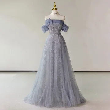 Chic Beautiful Lavender Beading Evening Dresses 2023 A Line Princess Off The Shoulder Short Sleeve Backless Floor Length Long Evening Party Formal Dresses