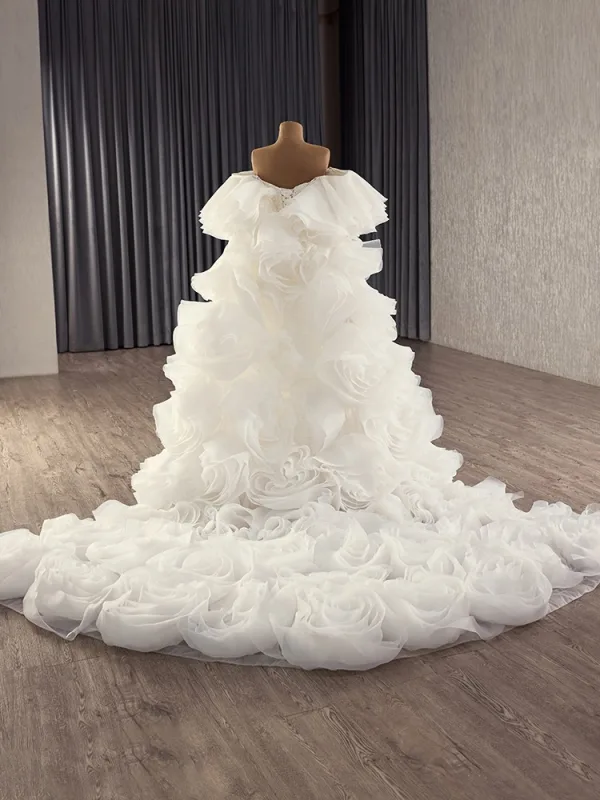 Luxe Blanche Fait main Perlage Perle Paillettes Robe De Mariée 2025 Trompette / Sirène De l'épaule Sans Manches Dos Nu Chapel Train Mariage