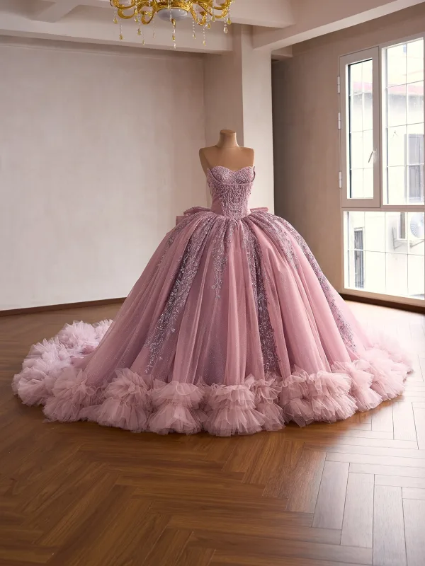 Luxe Bling Bling Rose Sombre Glitter Perlage Paillettes Robe De Bal 2026 Robe Boule Bustier Sans Manches Dos Nu Noeud Tribunal Train Robe De Ceremonie