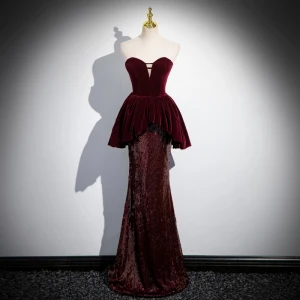 Sexy Bordeaux Paillettes Robe De Soirée 2024 Trompette Sirène Bustier Sans Manches Dos Nu Longue Soirée Robe De Ceremonie