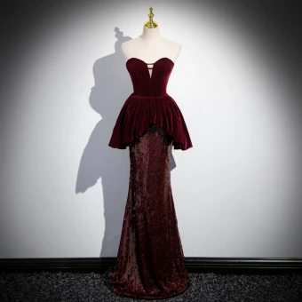 Sexy Burgundy Sequins Evening Dresses 2024 Trumpet Mermaid Strapless Sleeveless Backless Floor Length Long Evening Party Formal Dresses