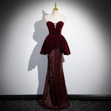 Sexy Bordeaux Paillettes Robe De Soirée 2024 Trompette Sirène Bustier Sans Manches Dos Nu Longue Soirée Robe De Ceremonie