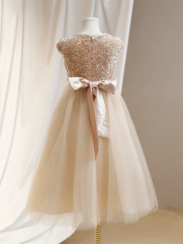 Sparkly Gold Sequins Birthday Flower Girl Dresses 2024 A-Line / Princess Scoop Neck Cap Sleeves Bow Sash Floor-Length / Long Tulle