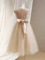 Sparkly Gold Sequins Birthday Flower Girl Dresses 2024 A-Line / Princess Scoop Neck Cap Sleeves Bow Sash Floor-Length / Long Tulle
