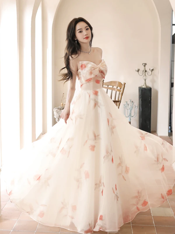 Charming White Appliques Prom Dresses 2023 A-Line / Princess Strapless Sleeveless Backless Floor-Length / Long Prom Formal Dresses