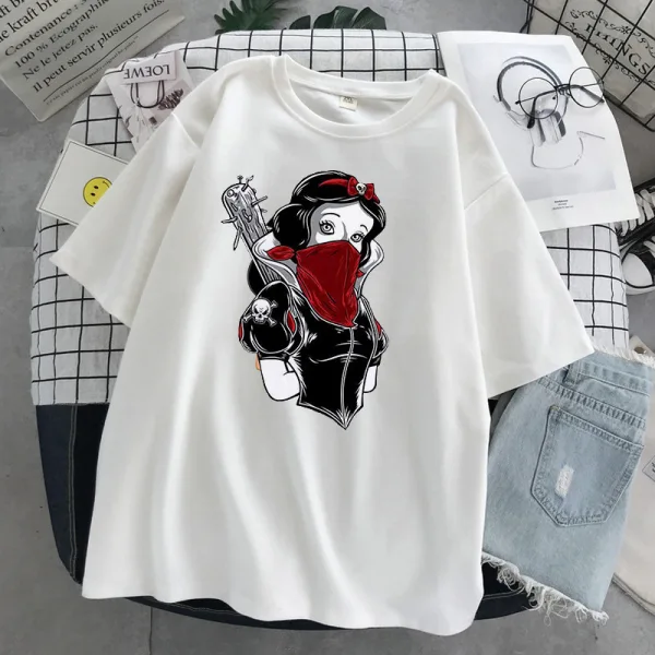 Fashion Loose Women T-Shirts 2021 White Cartoon Scoop Neck Street Wear Tops Casual Summer 1/2 Sleeves Comfortable Tee