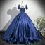 Vintage / Originale Bleu Marine Satin Robe De Bal 2025 Robe Boule Encolure Carrée Manches Courtes Dos Nu Noeud Train De Balayage Promo Robe De Ceremonie