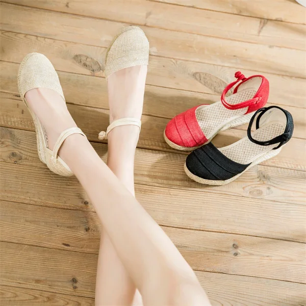 Modest / Simple Red Summer Street Wear Womens Sandals 2023 Ankle Strap 6 cm Wedges Round Toe Sandals