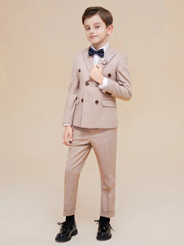 Fashion Beige Long Sleeve Boys Wedding Suits 2022 Coat Pants Shirt Tie Wedding