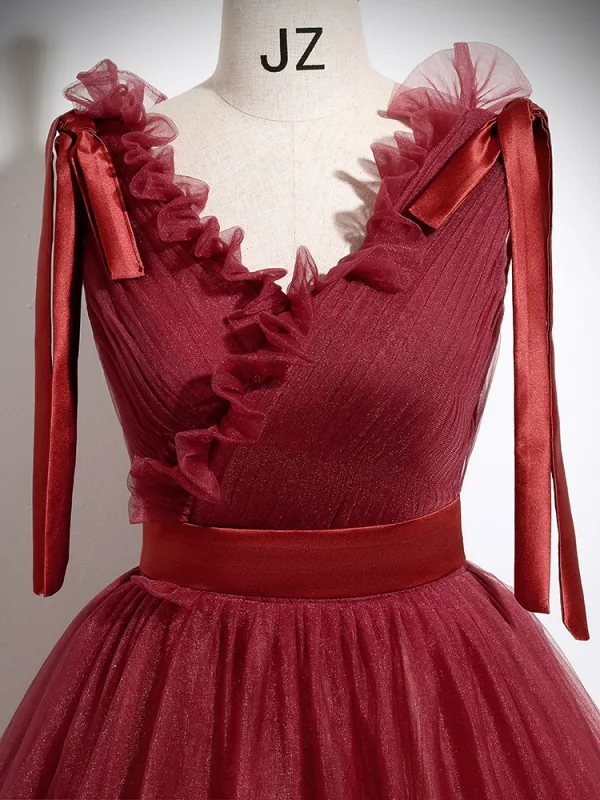 Chic / Beautiful Burgundy Floor-Length / Long Prom Dresses 2024 Ball Gown V-Neck Sleeveless Backless Prom Formal Dresses