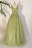 Elegant Sage Green Sequins Lace Flower Prom Dresses 2023 Ball Gown Scoop Neck Sleeveless Backless Floor-Length / Long Prom Formal Dresses