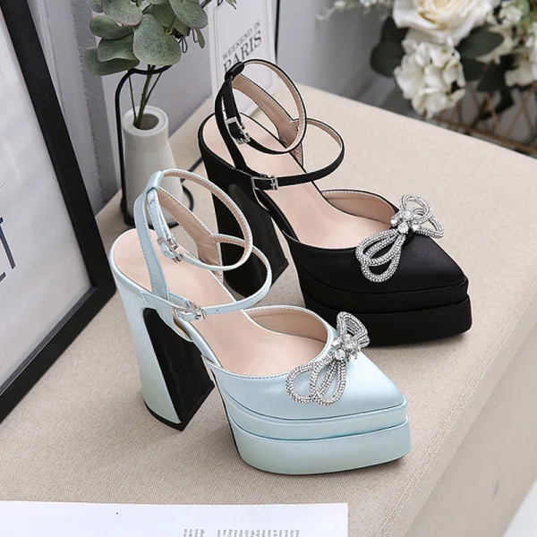 Fashion Mint Green Satin Rhinestone Bow Evening Party Womens Sandals 2023 Ankle Strap 14 cm Stiletto Heels Pointed Toe Sandals High Heels