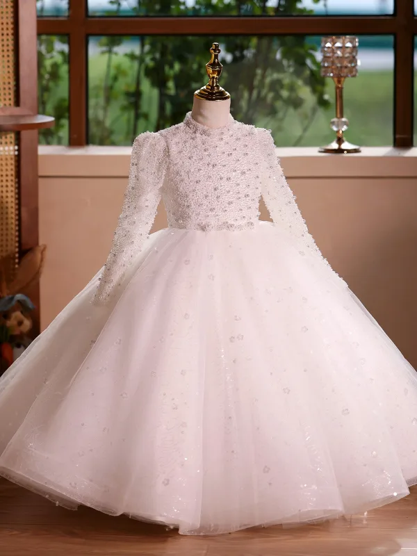 Elegant White Pearl Sequins Short Birthday Flower Girl Dresses 2025 Ball Gown High Neck Long Sleeve Backless