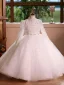 Elegant White Pearl Sequins Short Birthday Flower Girl Dresses 2025 Ball Gown High Neck Long Sleeve Backless