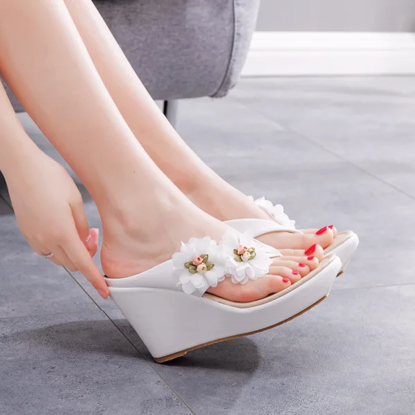 Chic / Beautiful White Appliques Outdoor / Garden Prom Womens Sandals 2022 10 cm Wedges Open / Peep Toe Sandals