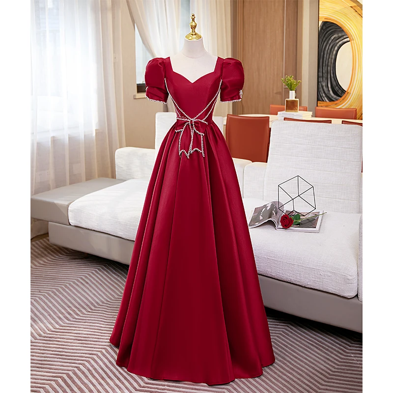 Elegant Burgundy Satin Prom Dresses 2022 A-Line Princess Square Neckline Short Sleeve