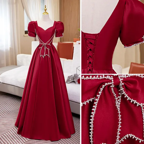 Elegant Burgundy Satin Prom Dresses 2022 A-Line / Princess Square Neckline Short Sleeve Rhinestone Bow Backless Floor-Length / Long Formal Dresses