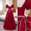 Elegant Burgundy Satin Prom Dresses 2022 A-Line / Princess Square Neckline Short Sleeve Rhinestone Bow Backless Floor-Length / Long Formal Dresses