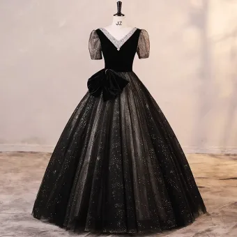 Chic Belle Noire Perlage Paillettes Robe De Bal 2023 Robe Boule V Cou Noeud Manches Courtes Dos Nu Longue Promo Robe De Ceremonie